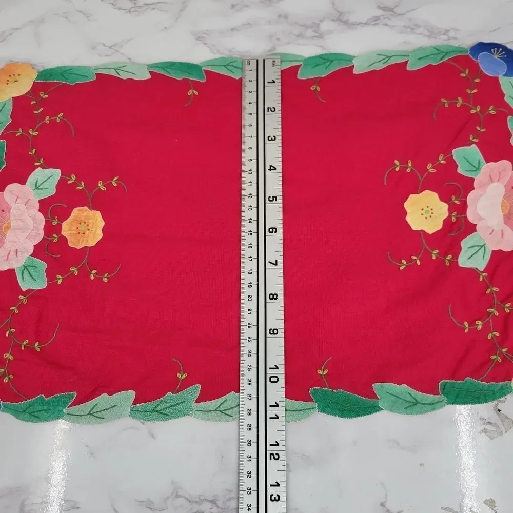 Vintage Placemat Set Red and Blue with Hand Embroidered Flowers Leaves 4pc
